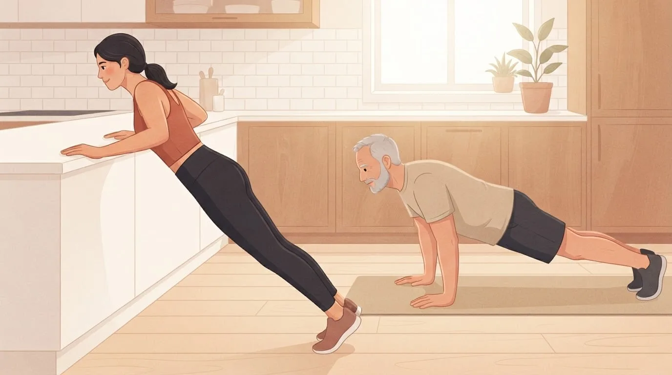 Side by side in a bright kitchen, a young woman does incline push-ups with both hands on the counter while an older man does floor push-ups on a sand-colored mat, two ways to do 100 pushups a day