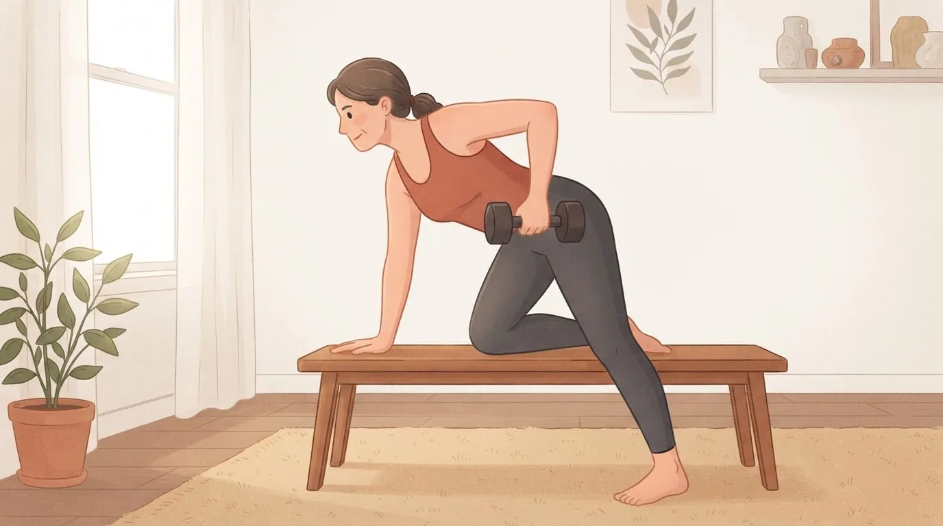 A woman in a terracotta tank top braces one knee and one hand on a low wooden bench and rows a dumbbell toward her hip in a bright room, balancing a daily push-up habit