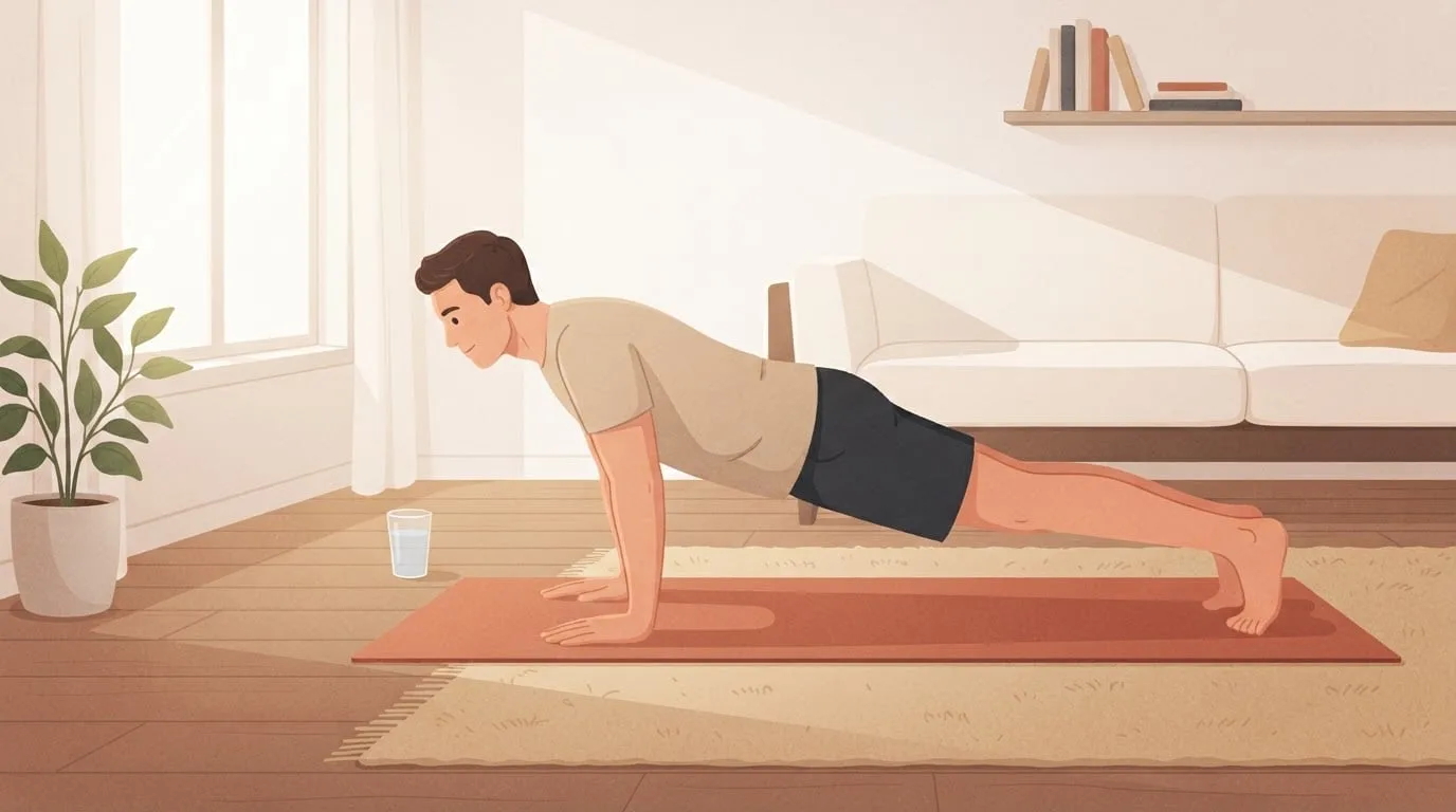 A man in a sand t-shirt holds the top of a push-up on a terracotta mat in a sunlit living room, his body in one straight line, with a glass of water beside the mat
