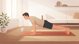 A man in a sand t-shirt holds the top of a push-up on a terracotta mat in a sunlit living room, his body in one straight line, with a glass of water beside the mat