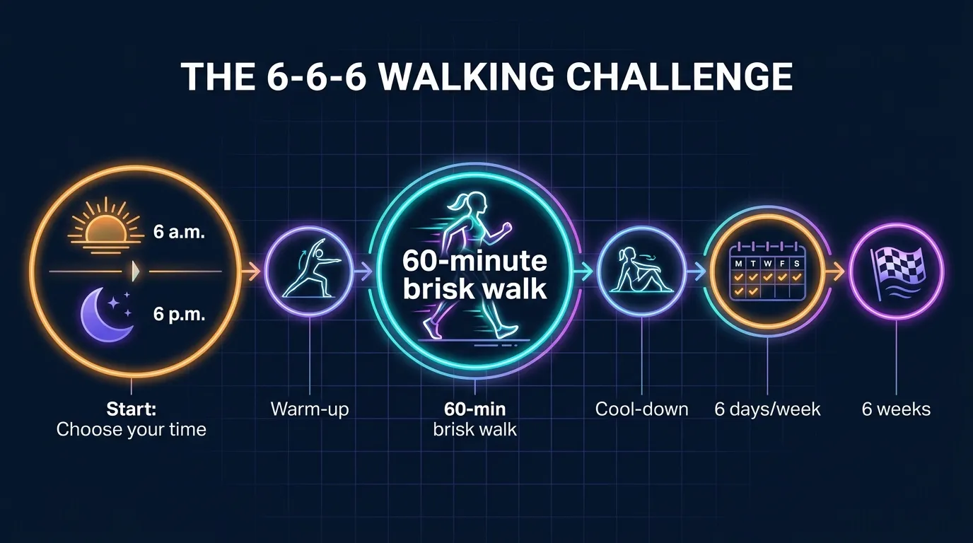 Diagram showing the 6-6-6 walking challenge structure: 6-minute warm-up, 60-minute brisk walk at 6 a.m. or 6 p.m., 6-minute cool-down, 6 days per week, for 6 weeks total