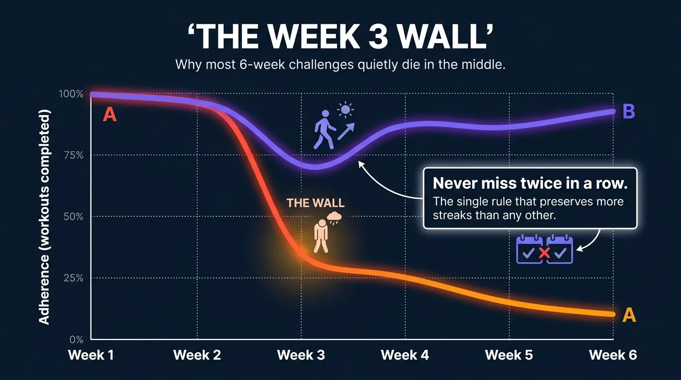 Illustration of the week 3 motivation drop-off in a 6-week walking challenge, showing the typical adherence curve and the rebound when a person follows the never miss twice rule