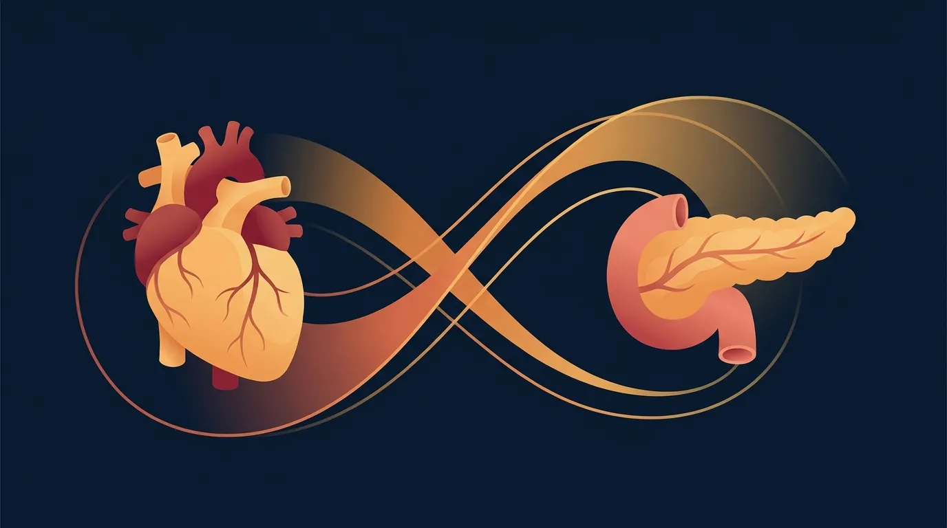 Editorial illustration of stylized human heart and pancreas with abstract flow lines suggesting steady blood sugar and lower cholesterol associated with legume intake