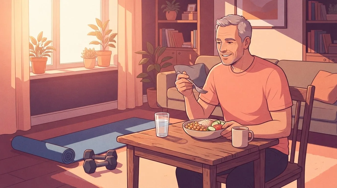 Medium shot of a grey-haired man in his fifties in a peach t-shirt eating a bowl of chickpeas, rice, cucumber and tomato at a small wooden table in a sunlit living room, with an exercise mat and a pair of dumbbells on the floor behind him