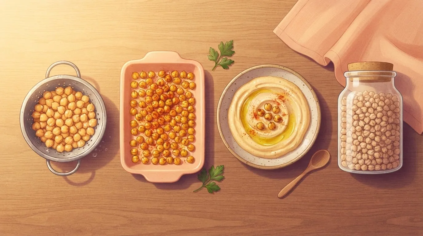 Overhead view of chickpeas prepared different ways on a wooden table in morning light: rinsed chickpeas in a metal colander, paprika-dusted roasted chickpeas on a baking dish, a plate of hummus swirled with olive oil, and a glass jar of dry chickpeas