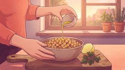 Close-up of a woman's hands drizzling olive oil over a ceramic bowl of cooked chickpeas on a wooden cutting board by a sunrise kitchen window, with half a lemon and a sprig of parsley beside the bowl