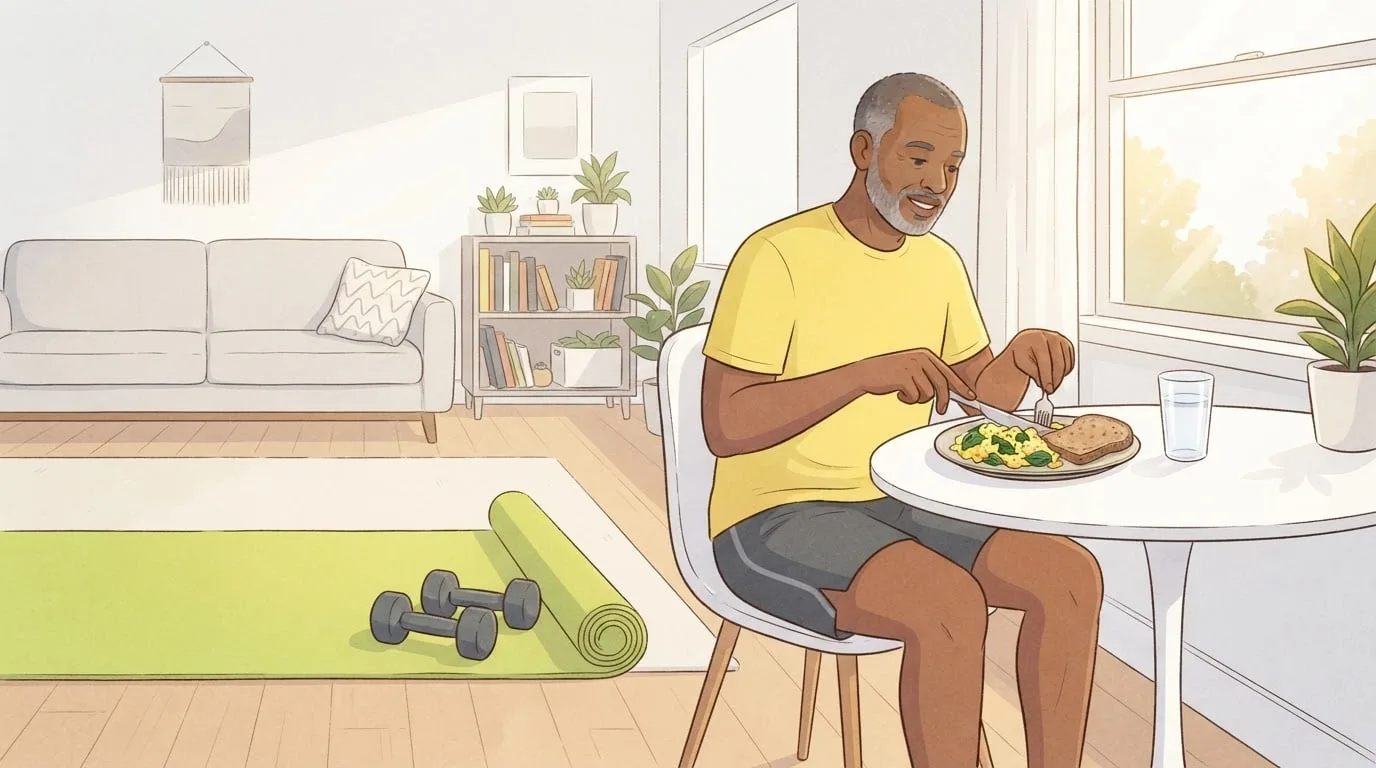 A grey-bearded man in a yellow t-shirt eating scrambled eggs with spinach and whole-grain toast at a small table by a sunny window, with dumbbells on a green exercise mat behind him