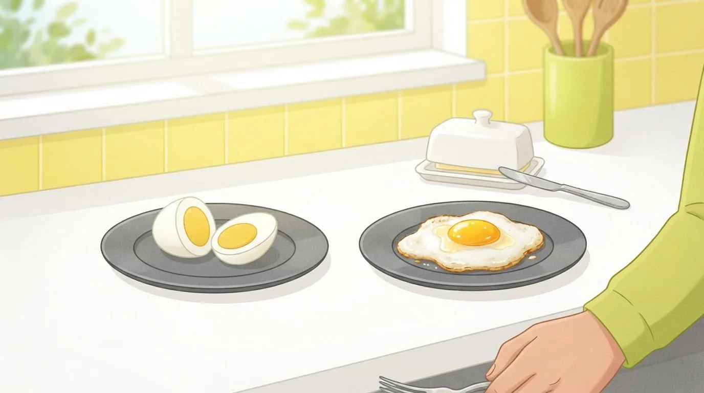 Two grey plates side by side on a white kitchen counter, a halved hard-boiled egg on the left and a fried egg with crisp golden edges on the right, with a butter dish and knife behind them