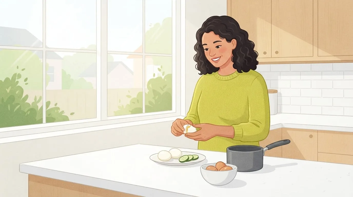 A woman in a lime-green sweater peeling a hard-boiled egg at a bright kitchen counter, with two peeled eggs and cucumber slices on a plate and a bowl of brown eggs beside a small saucepan