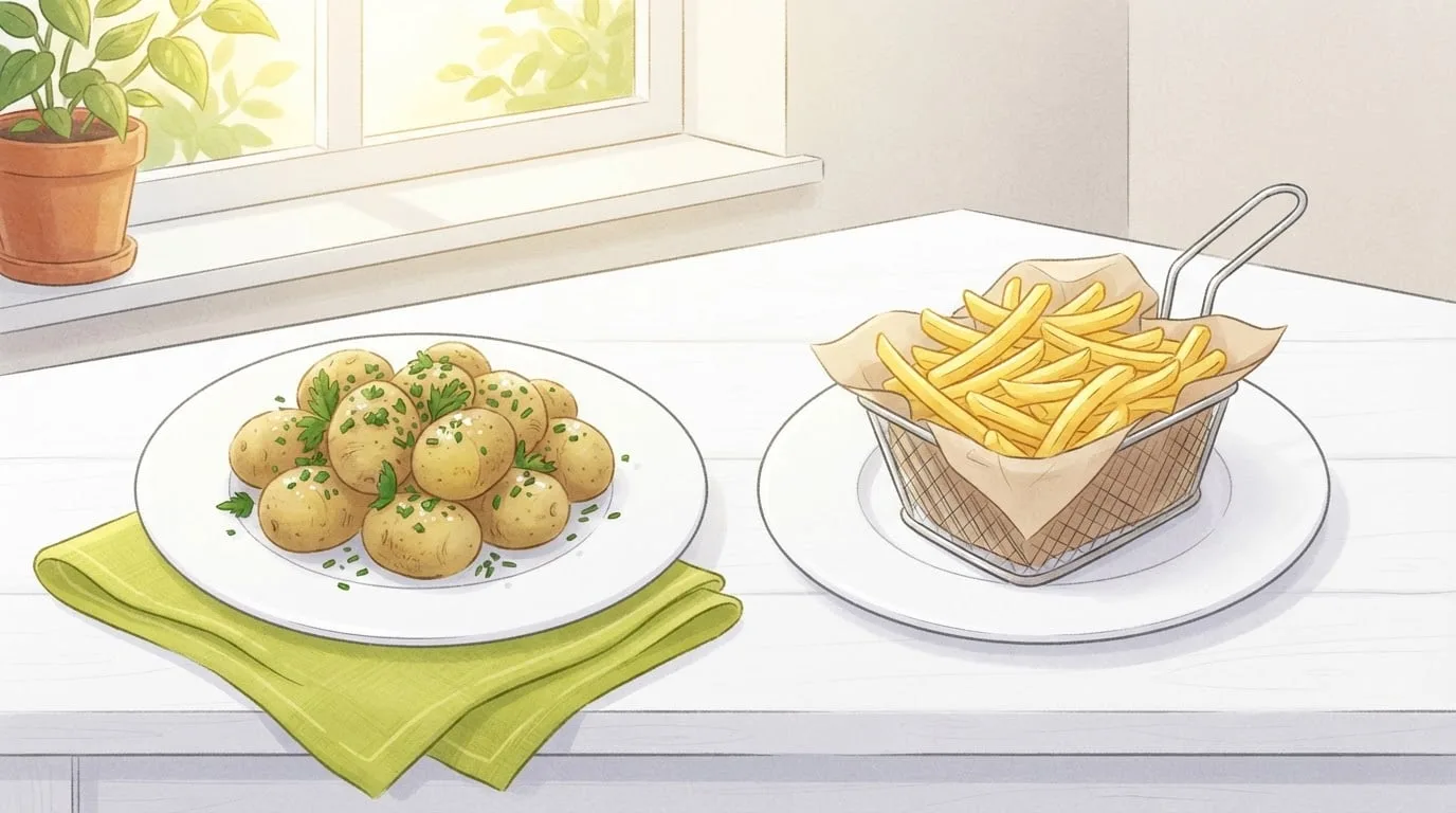 Zwei weiße Teller nebeneinander auf einem sonnigen Küchentisch, links in der Schale gekochte Kartoffeln mit Kräutern bestreut und rechts ein Korb mit goldgelben Pommes frites