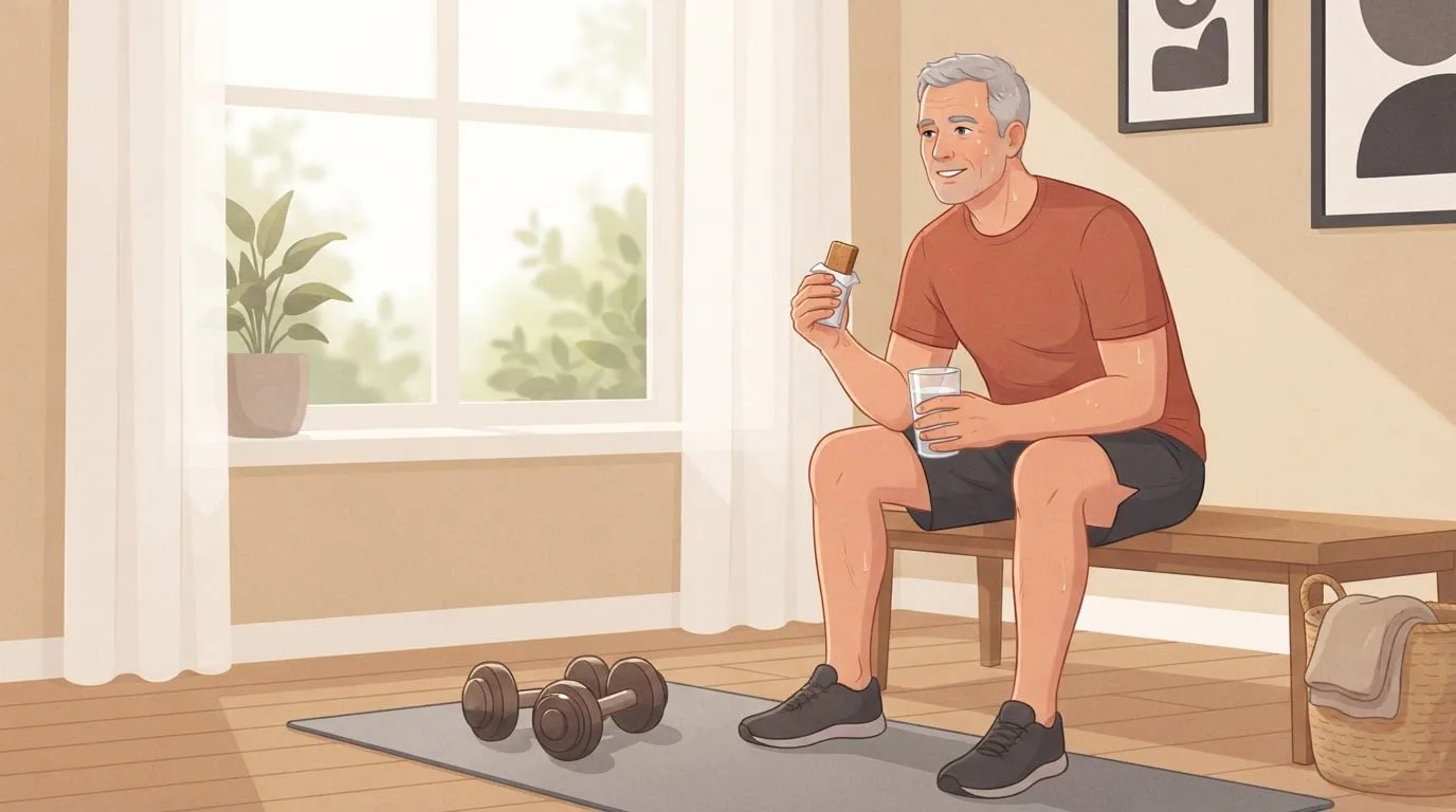 Medium shot of a man in his fifties sitting on a wooden bench by a living-room window after a home workout, eating a protein bar from a plain peeled-back wrapper and holding a glass of water, a pair of dumbbells resting on a mat at his feet
