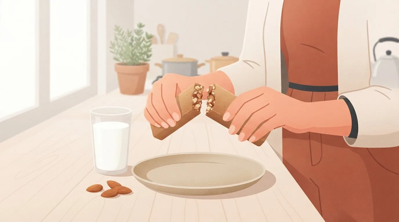 Close-up of two hands breaking an unwrapped protein bar in half over a sand-colored plate on a kitchen counter in soft window light, showing nuts and oats inside, with a glass of milk beside it