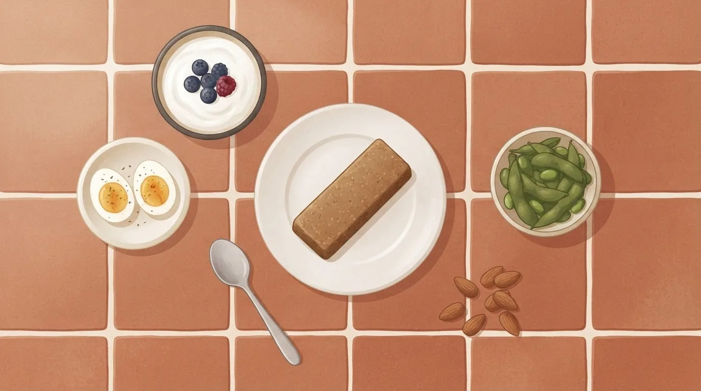 Overhead view of a terracotta-tiled table with a single unwrapped protein bar on a small plate surrounded by whole-food snacks: a bowl of plain Greek yogurt with berries, two halved hard-boiled eggs, a bowl of green edamame pods and a small pile of almonds