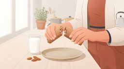 Close-up of two hands breaking an unwrapped protein bar in half over a sand-colored plate on a kitchen counter in soft window light, showing nuts and oats inside, with a glass of milk beside it