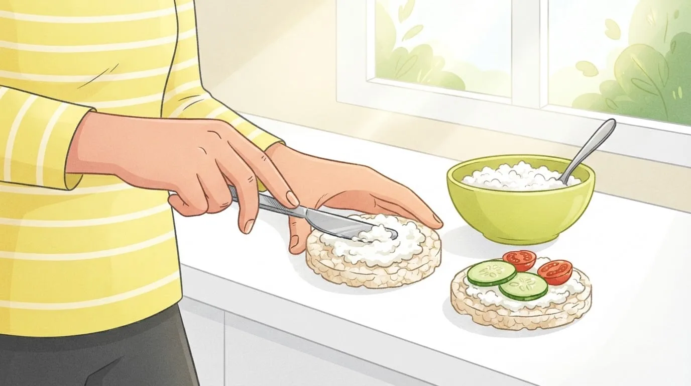 Close-up of hands spreading cottage cheese on a round puffed rice cake beside a second cake topped with cottage cheese, cucumber slices and cherry tomatoes, on a white kitchen counter in morning window light