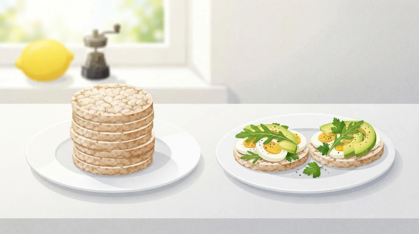 Side-by-side comparison on a white table by a sunny window: a plate with a stack of plain rice cakes next to a plate of two rice cakes topped with sliced boiled egg, avocado and greens