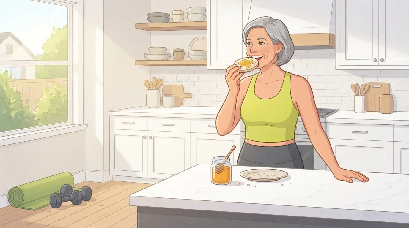 A woman in her fifties in workout clothes eating a rice cake drizzled with honey in a bright kitchen before a home workout, with a pair of dumbbells and a rolled exercise mat on the floor by the window