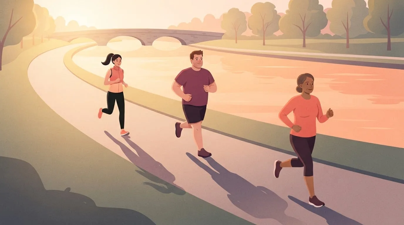 Trois coureurs d'âges et de morphologies différents font un jogging tranquille le long d'un chemin au bord de l'eau au lever du soleil, chacun à sa propre vitesse de course moyenne