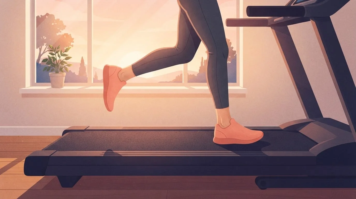 Gros plan sur les jambes d'une personne qui court, en legging sombre et chaussures corail, en pleine foulée sur la bande d'un tapis de course à la maison près d'une fenêtre ensoleillée, courant à une vitesse moyenne de tapis