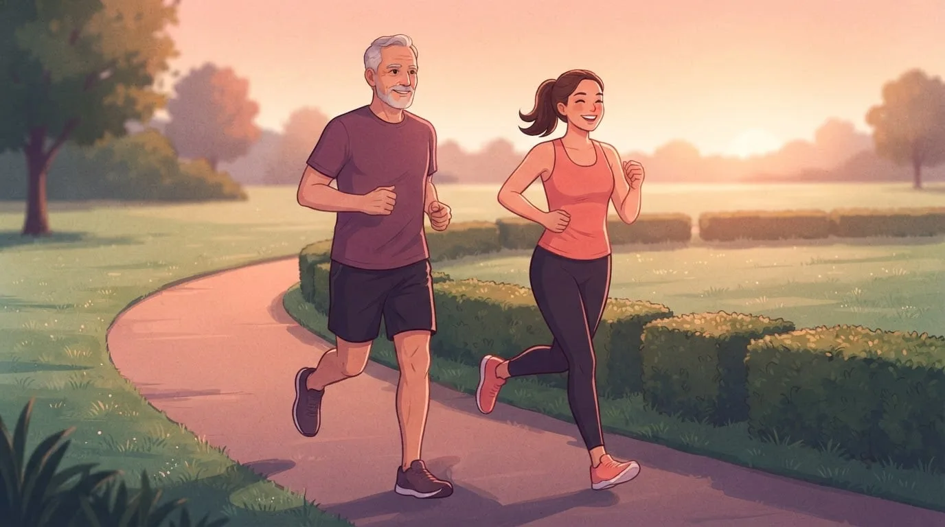 Un homme aux cheveux gris, dans la soixantaine, fait un jogging à côté d'une femme dans la vingtaine sur un chemin de parc au lever du soleil, montrant comment la vitesse de course moyenne diffère selon l'âge