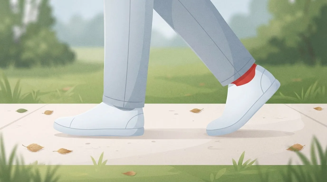 Primer plano de las piernas y los zapatos sencillos de una persona caminando por un sendero pálido de un parque, con un pie aterrizando plano y el otro impulsándose con los dedos, mostrando los pasos rápidos de una velocidad de marcha ligera