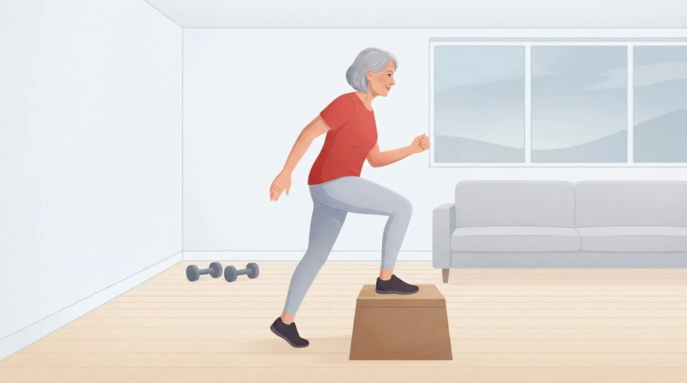 Una mujer de unos setenta años con el pelo corto y canoso haciendo una subida a un cajón bajo de madera en una sala luminosa, entrenando la fuerza de las piernas que mantiene la velocidad al caminar con la edad