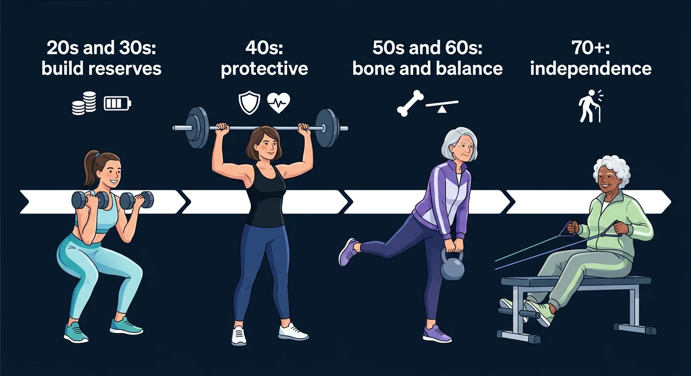 Decade-by-decade concept illustration showing how the dominant benefits of strength training shift over time from athletic capacity in the 20s to protective health benefits in later decades