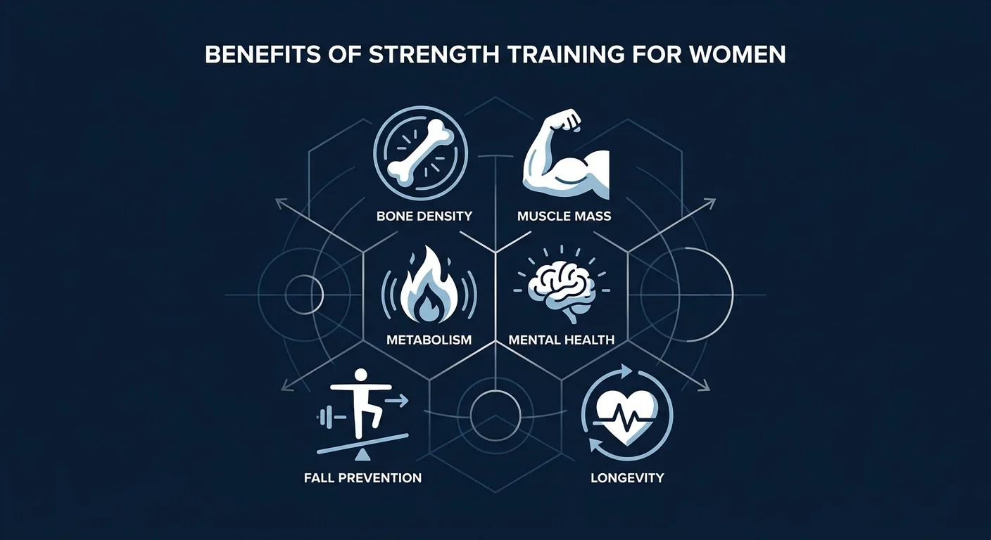 Editorial illustration showing the cluster of strength training benefits for women: bone density, muscle, metabolism, mental health, fall prevention, and longevity