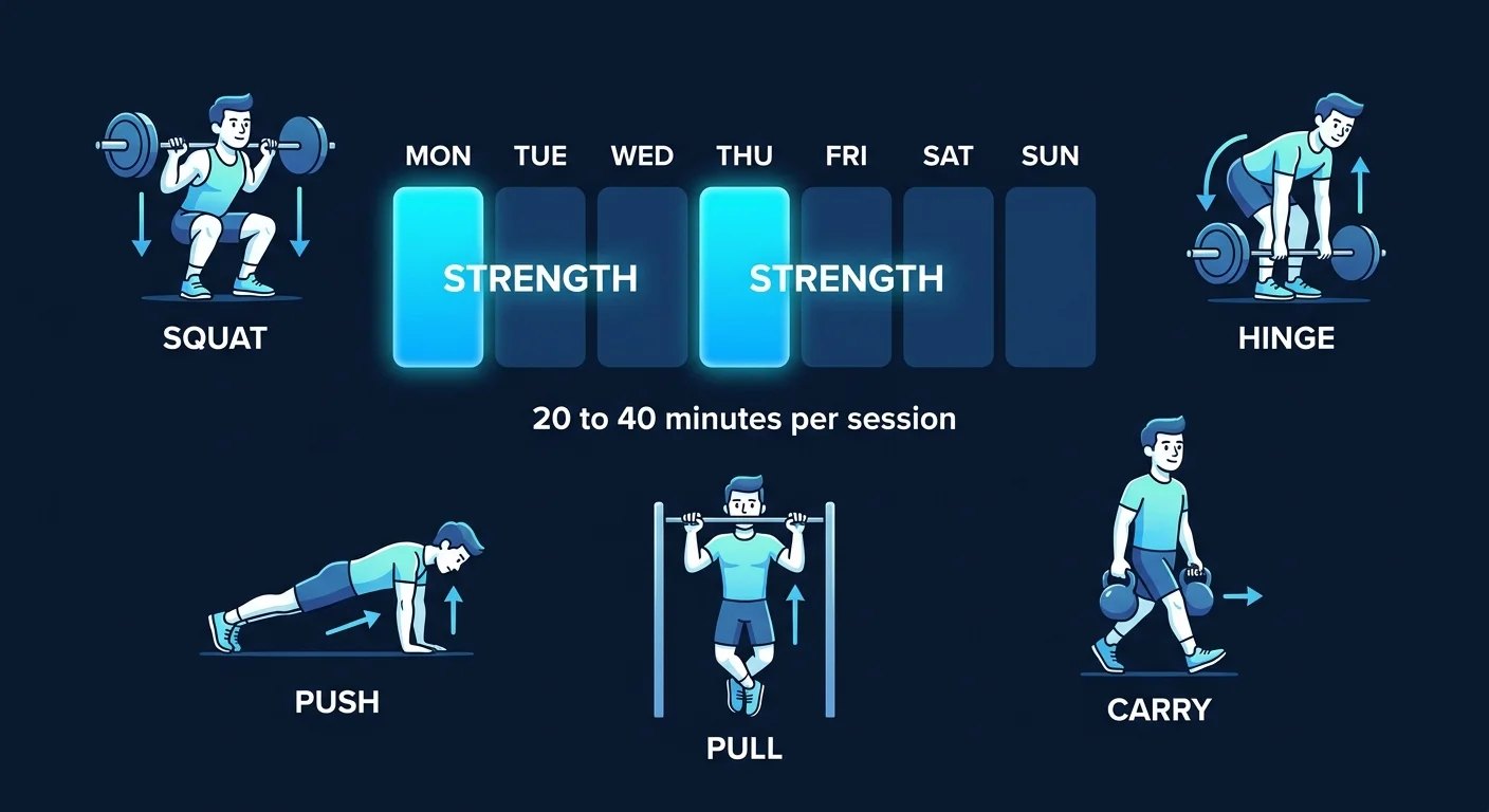 Concept illustration of a sustainable weekly strength training protocol for women: two to three sessions per week with compound movements squat hinge push pull and carry