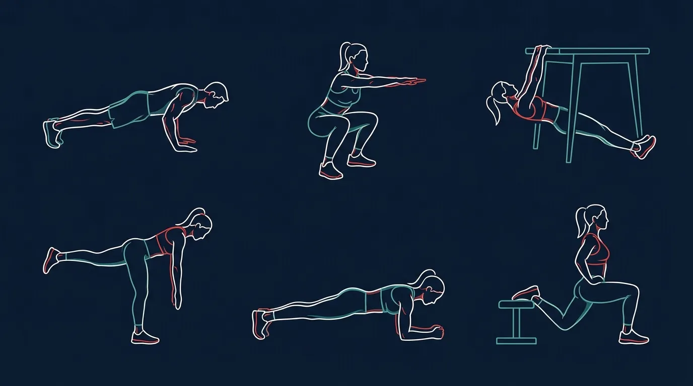Conceptual diagram showing six bodyweight movement patterns that cover the entire body: push push-up, squat bodyweight squat, horizontal pull inverted row, hip hinge single-leg Romanian deadlift, anti-extension core plank, and single-leg Bulgarian split squat