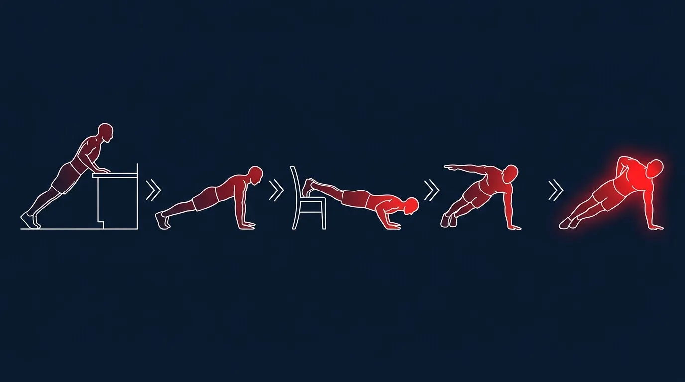 Conceptual illustration showing progression of push-up difficulty from incline push-up against a counter to standard push-up to decline push-up with feet elevated to archer push-up to assisted one-arm push-up