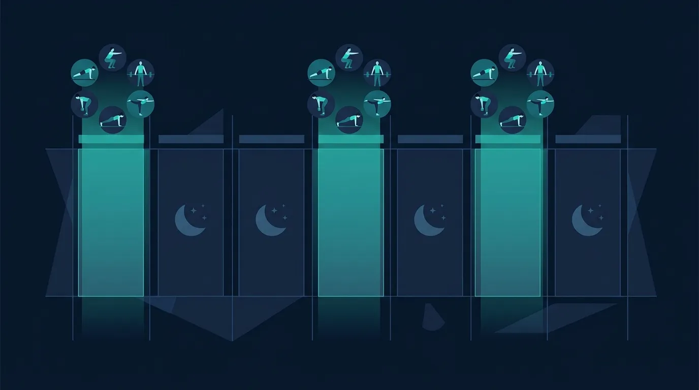 Conceptual illustration showing three weekly bodyweight training sessions arranged across a calendar with a recovery day between each session and each session covering all six movement patterns