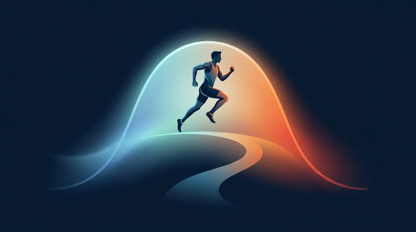 Editorial concept illustration showing how marathon running performance peaks in a cool temperature range around 4 to 10 degrees Celsius and drops off sharply as conditions get hotter