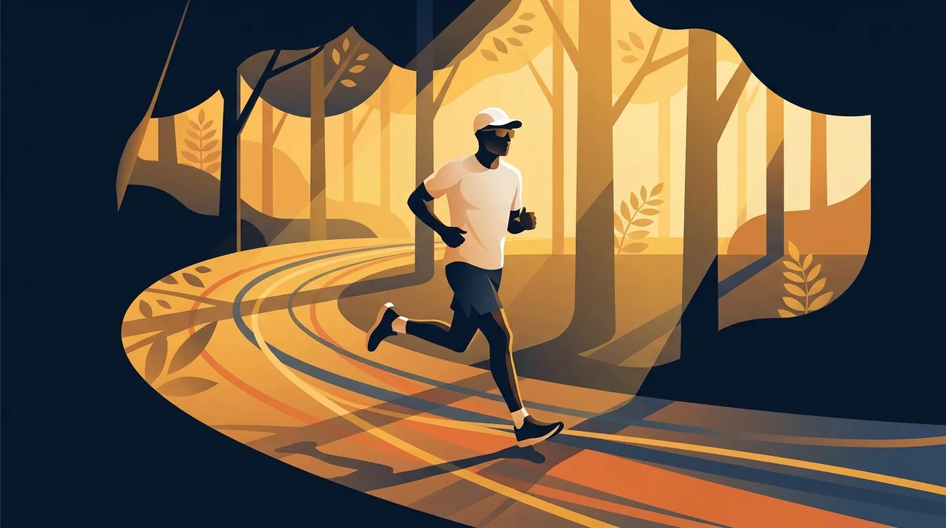 Editorial illustration of a runner managing summer heat with light clothing early morning timing and a water bottle suggesting practical adaptations
