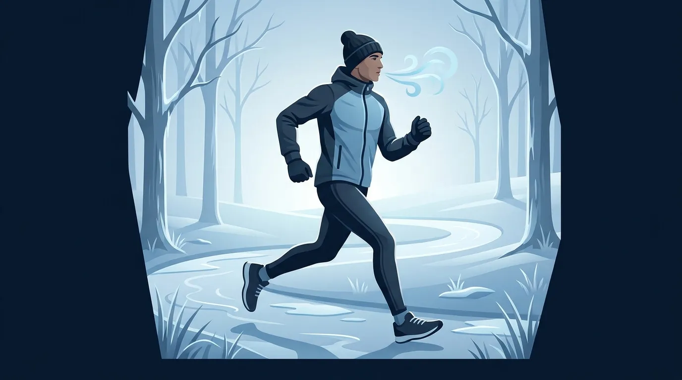 Editorial illustration of a winter runner in layered cold-weather gear with breath visible suggesting practical layering and dressing strategy