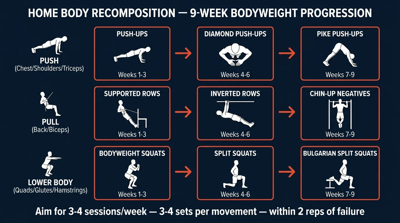 Bodyweight training progression chart for home body recomposition showing push, pull, and lower body exercise progressions over 9 weeks