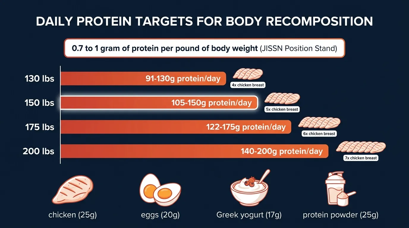 Infographic showing daily protein targets by body weight for body recomposition — 0.7 to 1 gram per pound
