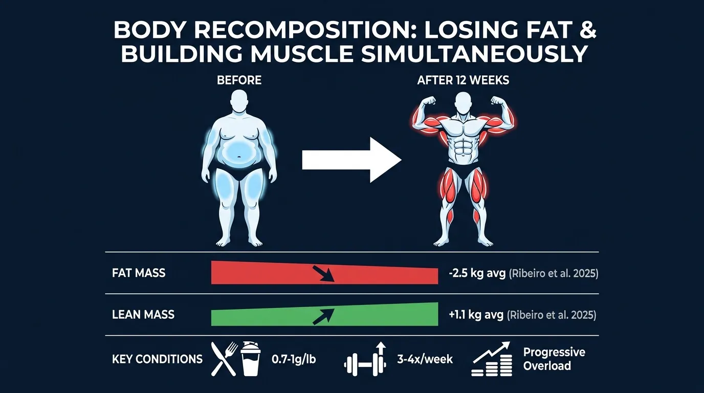 Body recomposition infographic showing simultaneous fat loss and muscle gain pathways with key research findings