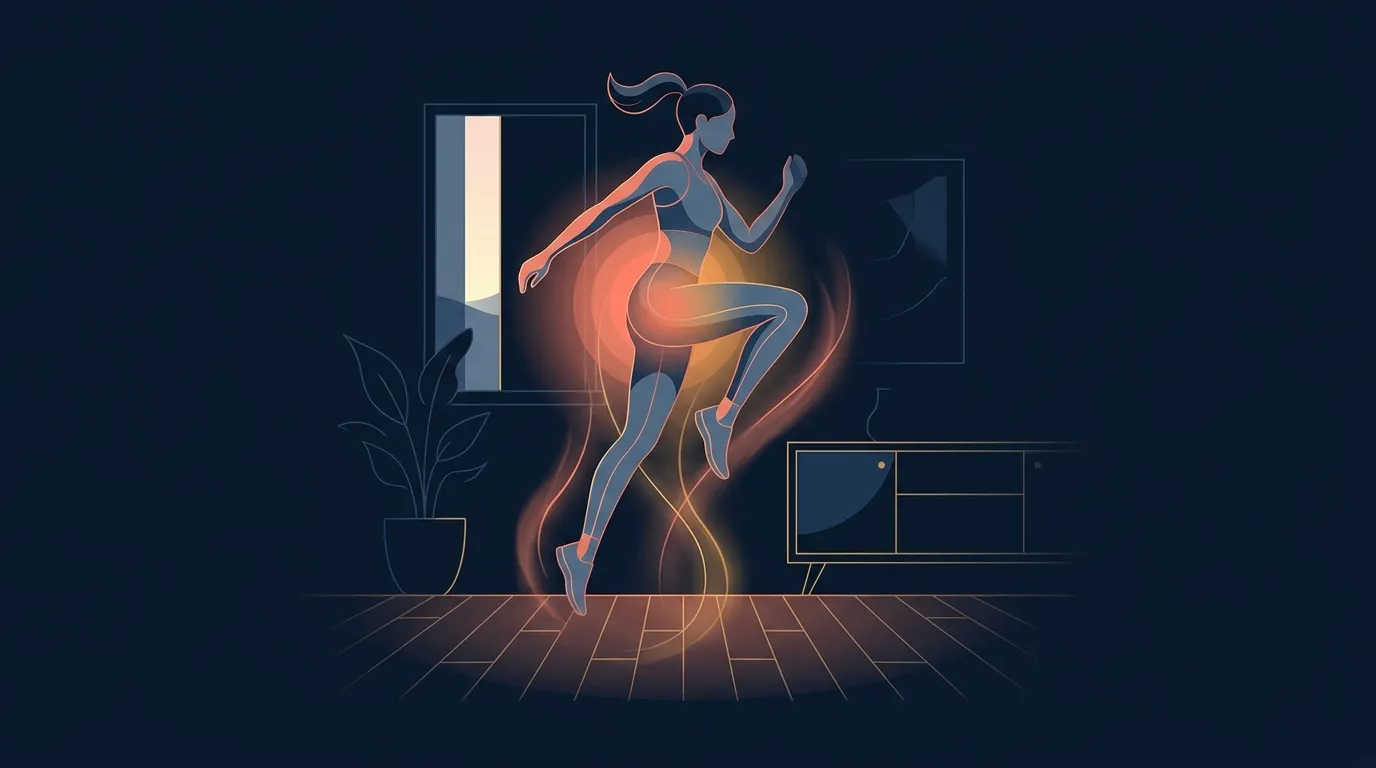 Redaktionelle Illustration einer Frau beim kleinen beidbeinigen Sprung auf hartem Boden im Wohnzimmer, mit sanftem Leuchten um das Hüftgelenk als Symbol für den Knochenbelastungseffekt