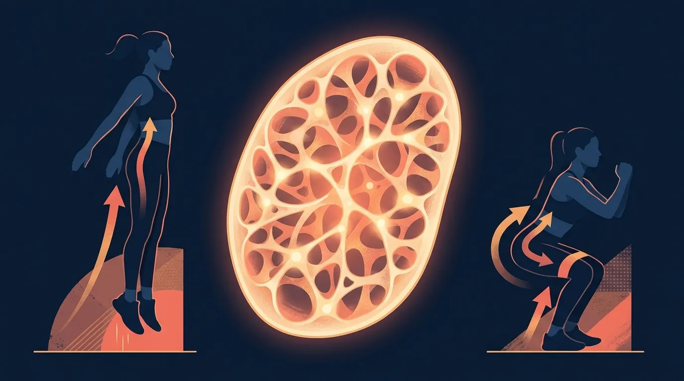 Redaktionelle Illustration der dichten, gesunden Knochen-Mikrostruktur, gestützt durch eine Person beim kleinen Sprung und eine andere bei der Kniebeuge mit Band zu Hause, symbolisiert Knochendichte-Training zu Hause