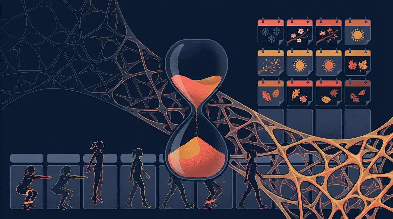 Redaktionelle Illustration einer Sanduhr neben Saisonkalendern und einer Reihe kleiner Figuren beim Kniebeugen und Gehen, mit sich verdichtender trabekulärer Knochenstruktur im Hintergrund, illustriert die langsame Zeitlinie des Knochenumbaus
