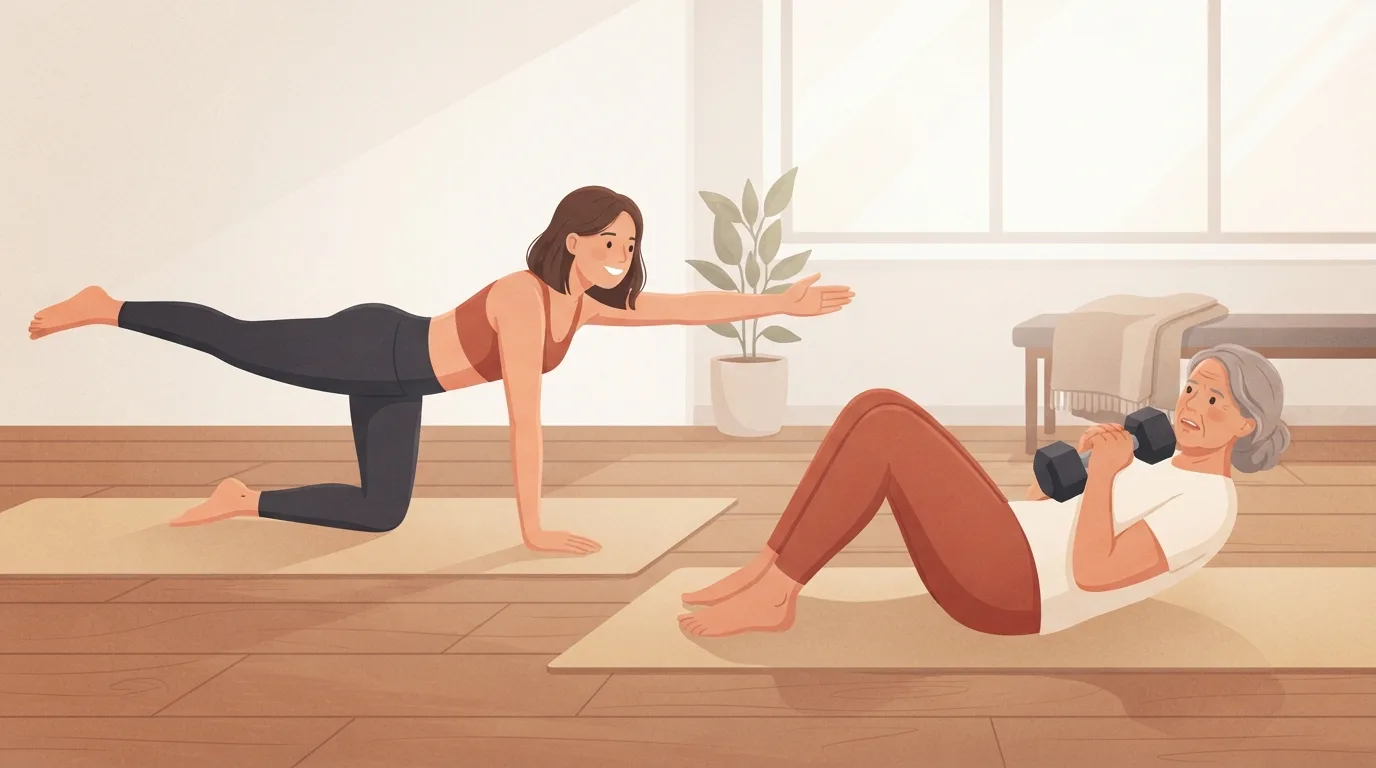 Ilustração lado a lado de duas mulheres num estúdio doméstico bem iluminado: uma mulher mais jovem fazendo um bird dog fácil de quatro apoios, e uma mulher mais velha fazendo uma abdominal dura segurando um halter contra o peito