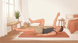 A young man doing a dead bug on a terracotta mat in a calm bedroom with soft window light, one arm raised and one leg extended low over the floor, an easy core exercise that is safe to do every day