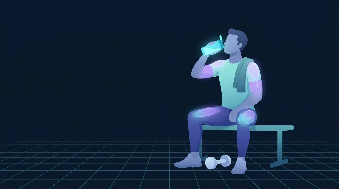Um adulto sentado em um banco depois de treinar com uma toalha sobre um ombro, bebendo de uma coqueteleira simples com um haltere perto no chão, mostrando um shake usado para preencher uma lacuna real do dia