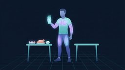 Um adulto segura uma coqueteleira brilhante ao lado de uma mesa com ovos, frango e iogurte que brilham com a mesma luz, mostrando a proteína em pó e a comida de verdade como fontes equivalentes