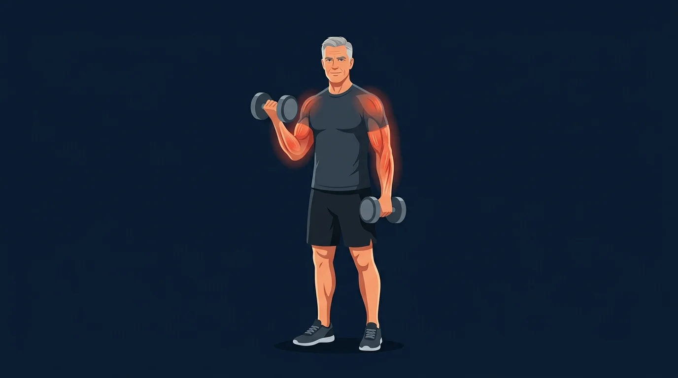 Editorial illustration of an adult over 55 lifting dumbbells, with muscle tissue responding to progressive resistance training