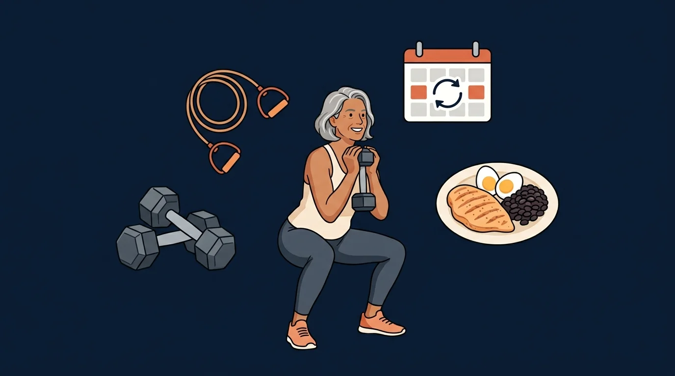 Editorial illustration of a simple twice-weekly home strength routine with dumbbells and bands for adults over 55, paired with adequate protein