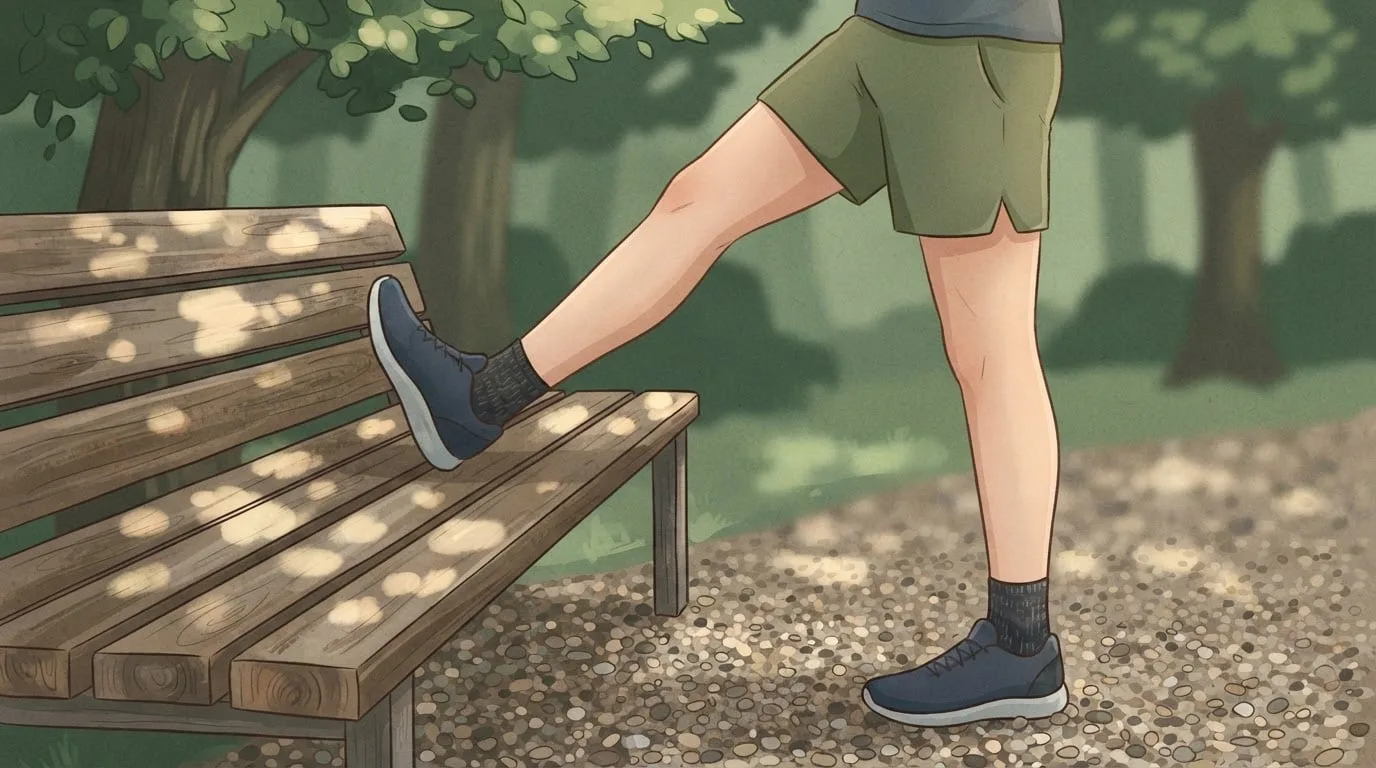 Close-up of a person's legs in a standing hamstring stretch with one heel resting on a wooden park bench under trees, the kind of stretch that should feel like an even pull