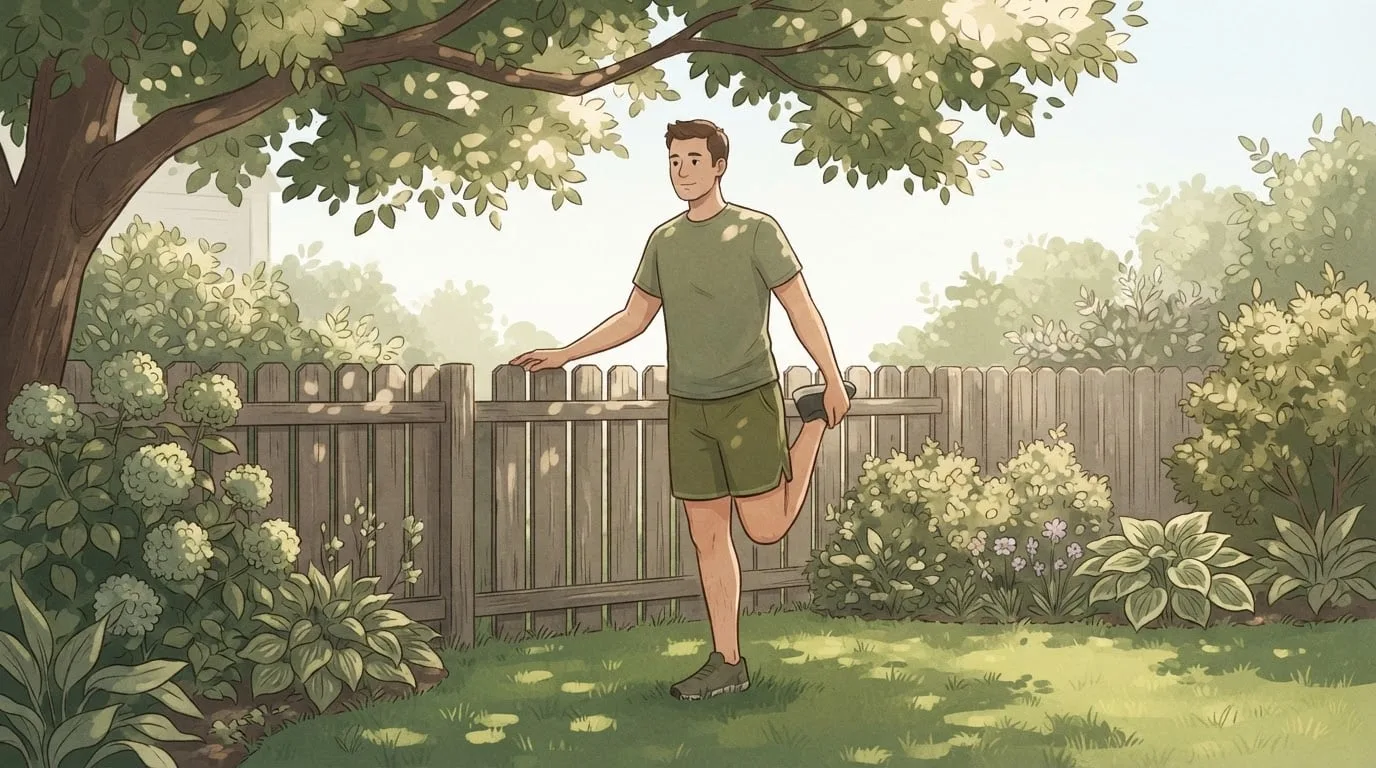 A man in a leafy backyard garden resting one hand on a wooden fence and holding one ankle behind him in a gentle standing thigh stretch