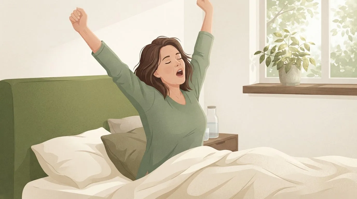 A woman sitting up in bed in the morning with both arms stretched overhead mid-yawn, an involuntary waking stretch